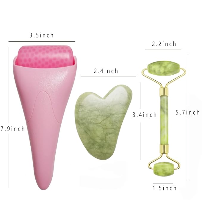 3 in 1 Ficial Face Ice Jade Roller and Gua Sha Tool, Natural Real Jade Anti-Wrinkle Face Eye Neck Massager Tool, Reduce Wrinkles, Puffiness, Migraine, Redness, Pain and Injury,Pink