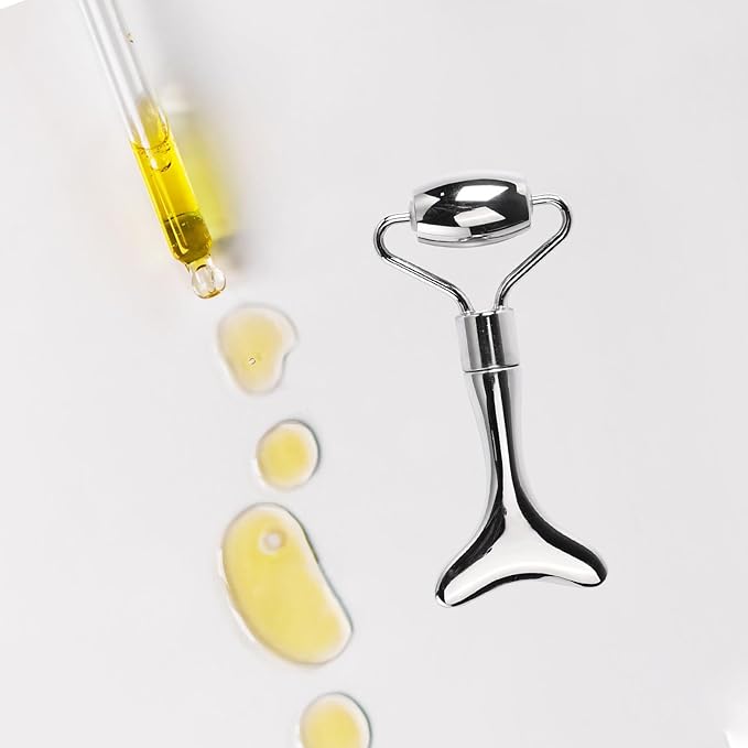 Stainless Steel Face Roller,2-in-1 Facial Roller and Guasha Tool for Face,Cooling Metal Roller for Redness Reducing,Skin Care