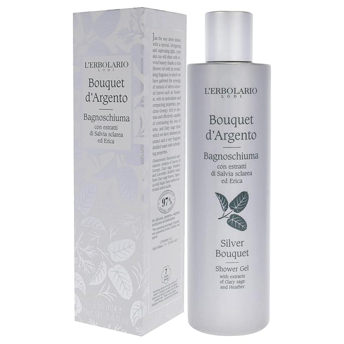 L’Erbolario Shower Gel - Toning and Protecting Body Wash with Antioxidant Clary Sage - Citrus Body Soap for All Skin Types - Silver Bouquet - 8.4 oz