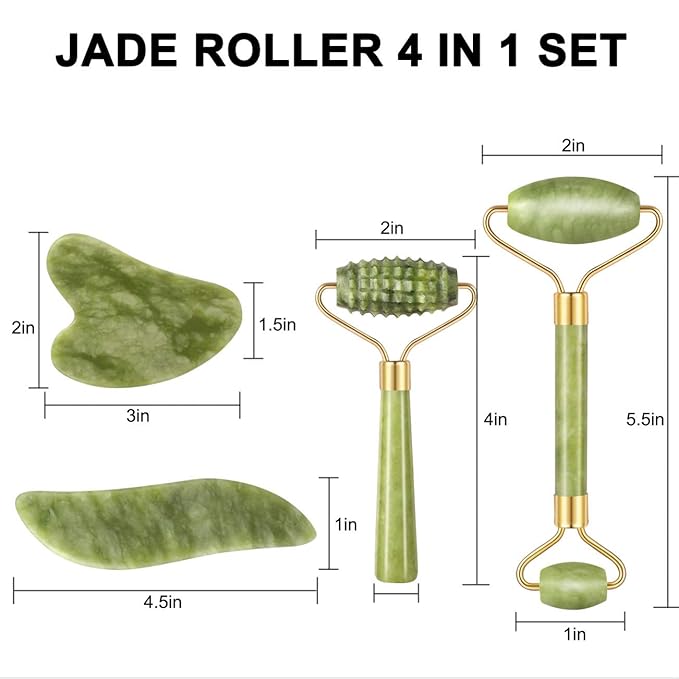 4-pcs Jade Roller & Gua Sha Set, Facial Roller Massager with Gua Sha Scraping Tool, Jade Stone Massager for Anti-aging, Slimming & Firming, Rejuvenate Face and Neck, Remove Wrinkles & Eye Puffiness