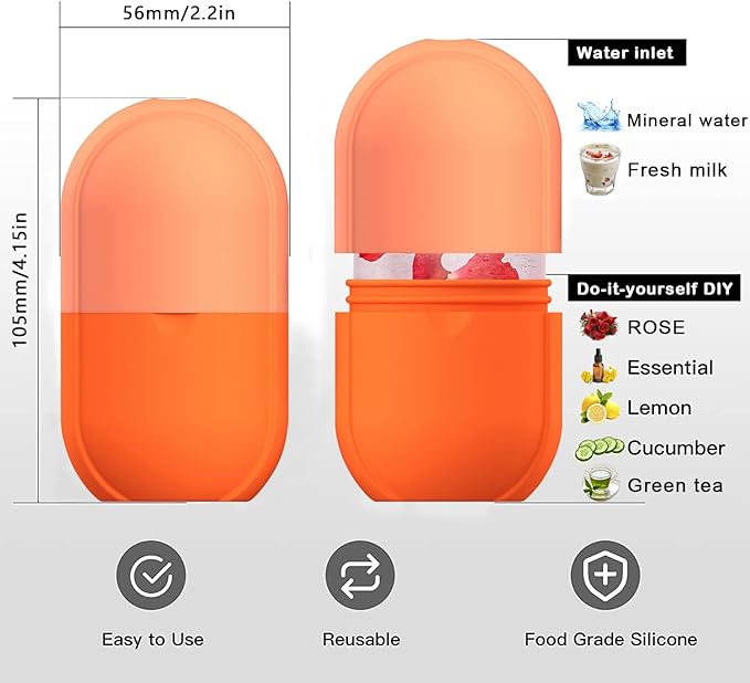 KOGITI Face Ice Roller & Mold - Beauty Facial Massage Tool for Puffiness Relief, Ice Cube Holder (New-Orange)