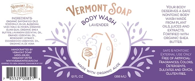 VERMONT SOAP Body Wash, Natural Body Wash with Shea Butter, Mild Gel Body Wash for Moisturizing and Soothing Skin, Fragrance Free Body Wash for Women & Men (Lavender, 12oz)