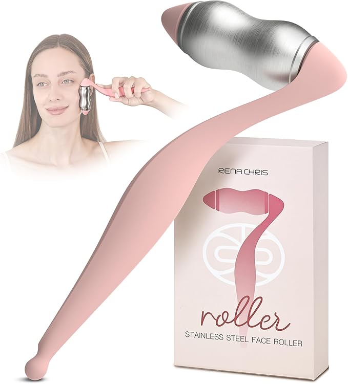 Rena Chris Stainless Steel Face Roller - Metal Facial Massager Tool with Enhanced Contour Fit for Puffiness Reducing, Skin Care Roller Gift for Women (Silver)