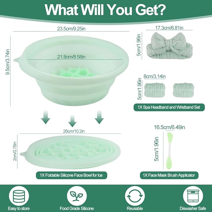 Face Bowl for Ice with Built-In Icetray, Facial Plunge Bowl with Face Wash Headband Wristband Set and Face Mask Brush Applicator, Silicone Ice Facial Foldable Washbasin,Ice Bath for Face (Green)