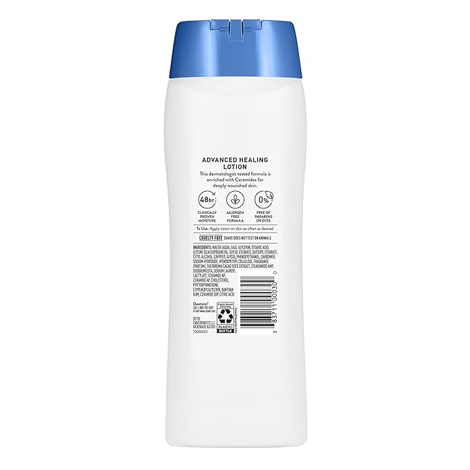 Suave+ Advanced Healing Hand & Body Lotion for Women With Ceramides for Very Dry Skin, Hydrating, Non-Greasy, Allergen-Free Moisturizing Cream, Lightly Scented, 18 FL OZ, 6 Pack