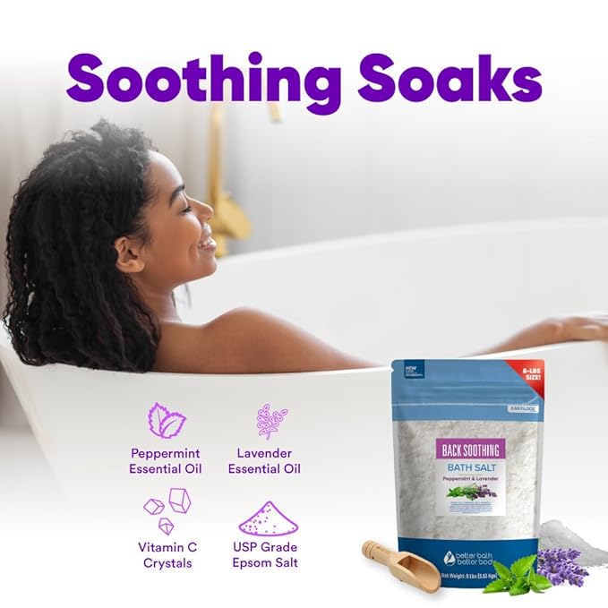 Back Soothing Bath Salt 128 Ounces (8 Lbs) USP Grade Epsom Salt with Natural Peppermint and Lavender Essential Oils Plus Vitamin C Made with Natural Ingredients