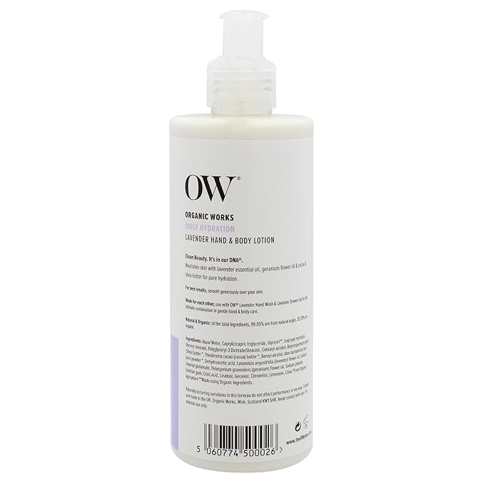 Organic Works Daily Hydration Hand and Body Lotion - Enriched with Vitamin E, Cocoa Butter Lotion for Skin Hydration - Lavender - 10.14 oz