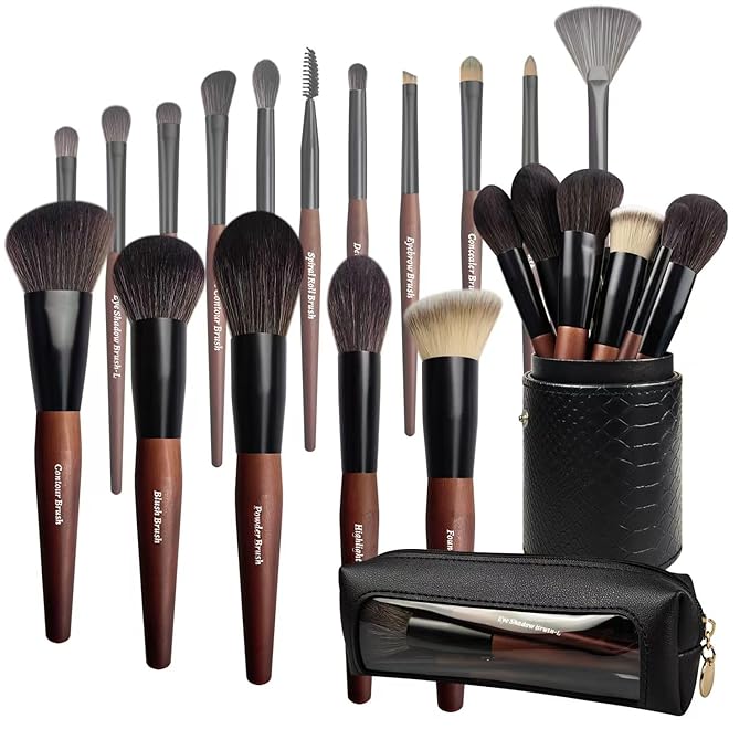 Makeup Brushes 16 Pcs Makeup Brush Set Professional, Wood Handle Travel Make Up Brushes Set with Case, Premium Cruelty-Free Synthetic Fiber Hair Makeup Brush Kit with Holder