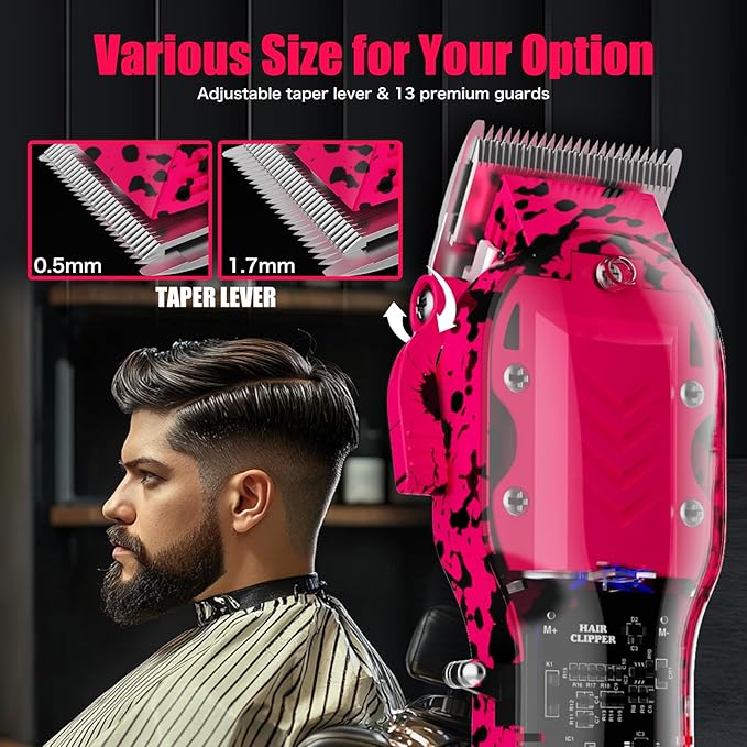 Professional Hair Clippers for Men, Cordless Barber kit for Hair Cutting & Grooming, Pink Hair Clippers Set for Barber Haircut with LED Display 8 Fade Taper Combs