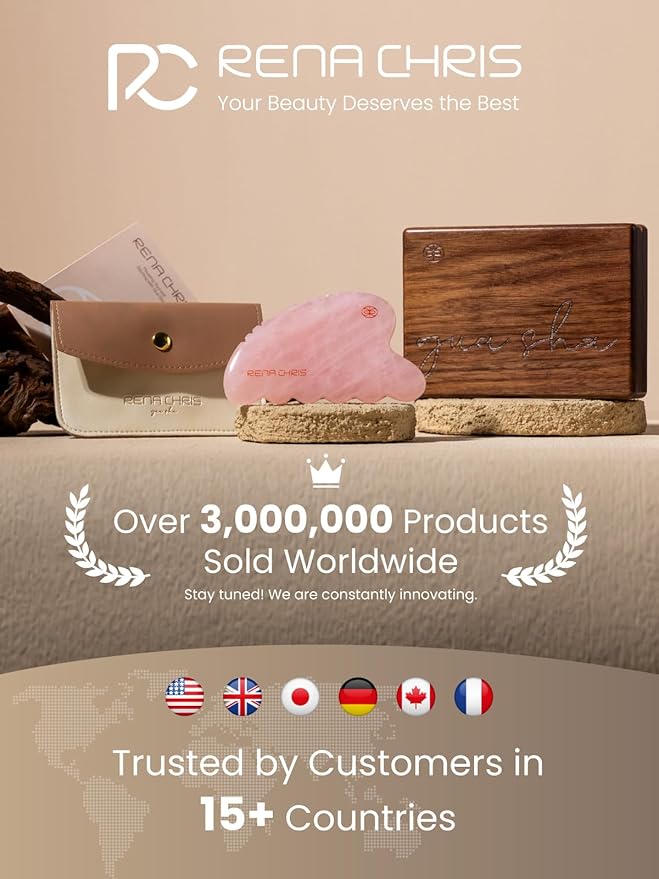 Rena Chris Gua Sha Facial Tool, Natural Rose Quartz Stone Body Gua sha with Exquisite Wooden Box, Large Guasha Suitable for Face Lifting, Puffiness Reducing and Whole-Body Massage, Skin Care Massager