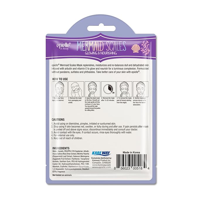 Epielle Animal Character Sheet Masks Mermaid Scales 6 Pack, Glowing & Nourishing Face Mask Skincare Set with Arbutin, Girls Spa Party Favors, Sleepover, Self Care Gifts for Women, Korean Skin Care