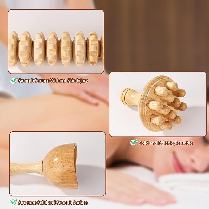 Wood Therapy Tools for Body Shaping,8 in 1 Wood Therapy Massage Tools,Wooden Gua Sha Tools,Lymphatic Drainage Massager,Maderoterapia kit,Wooden Massager Roller Rope for Body Shaping, Beige