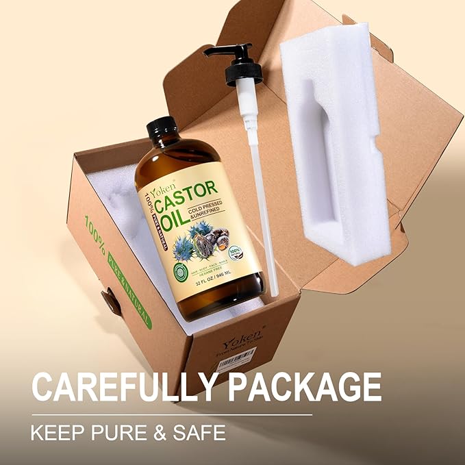 Yoken EWG Verified Castor Oil Glass Bottle 32 fl oz (with Pump) 100% Pure Castor Oil for Skin Face Hair, Cold Press, Hexane Free, Unrefined Caster oil for Pack Wrap Deep Nourish Body
