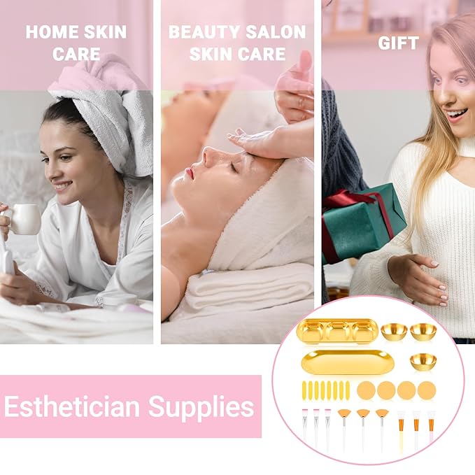 26Pcs Esthetician Supplies for Facials Set - 3 Stainless Steel Gold Mixing Bowls Gold Small Serving Tray 3 Compartment Serving Tray 3 Facial Fan Brushes 6 Face Mask Applicator Brush 12 Face Sponges