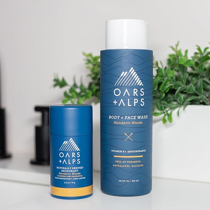 Oars + Alps Mens Moisturizing Body and Face Wash, Skin Care Infused with Vitamin E and Antioxidants, Sulfate Free, Mandarin Woods, 13.5oz, 3 Pack