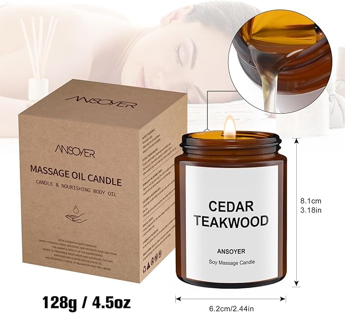 Massage Oil Candle, Romantic Gift SPA Use Home Scented Candle Body Oil, Ultra Hydrating Body Care with Soybean Oil, 4.5oz (Cedar Teakwood)