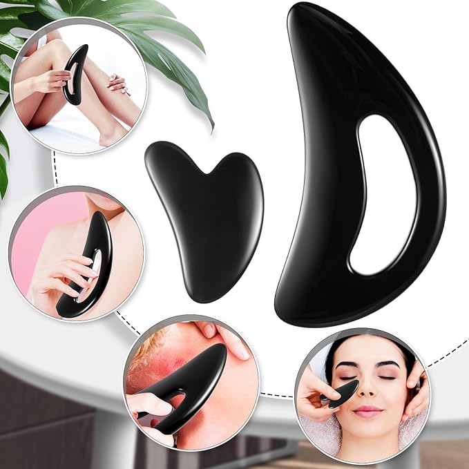 BBTO 2 Pcs Body Gua Sha Tool Large Resin Scraping Tools with Handle for Back, Neck, Face, Leg - Lymphatic Drainage, Cellulite Removal, Muscle Relief(Black)