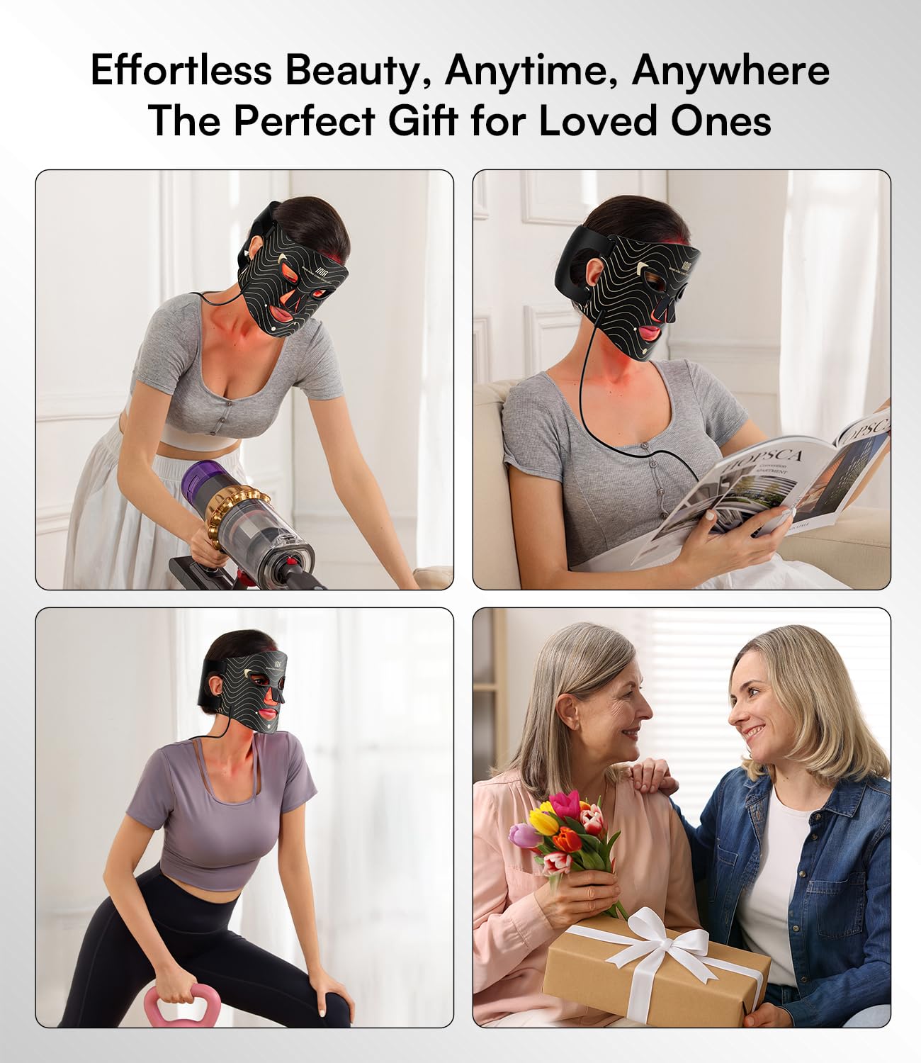 INIA Red Light Therapy Mask for Face – 4 Light Modes with 850nm NIR, Red & Blue LED Light Therapy, 2600mAh Rechargeable LED Face Mask for Radiant Glow at Home, Black