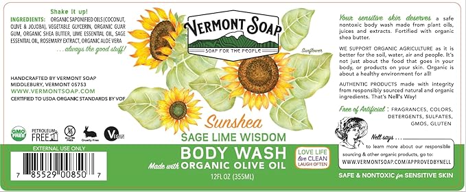 VERMONT SOAP Body Wash, Natural Body Wash with Shea Butter, Mild Gel Body Wash for Moisturizing and Soothing Skin, Fragrance Free Body Wash for Women & Men (Sage Lime Wisdom, 12oz)