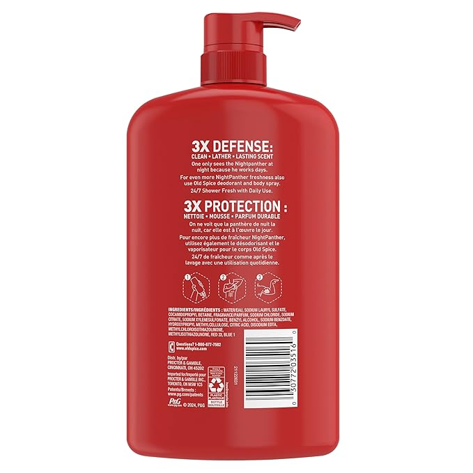 Old Spice Cleansing Body Wash for Men, 3X Defense, 24/7 Shower Fresh with Lasting Scent, 2-in-1 Body & Face Wash, NightPanther with Rich Warm Scent, 33.4 (Pack of 4)