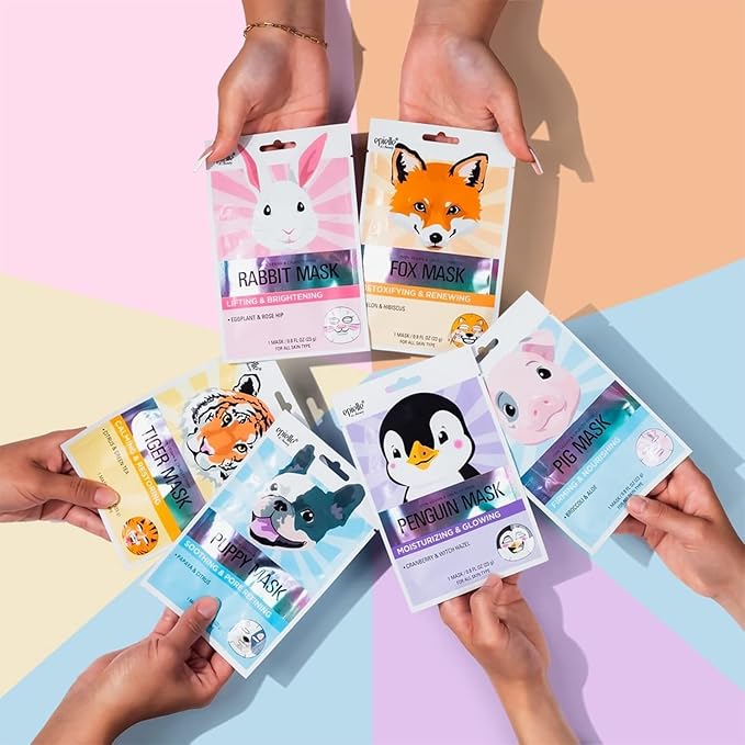 Epielle Animal Character Sheet Masks Rabbit 6 Pack, Lifting & Moisturizing Face Mask Skincare with Eggplant & Rosehip, Girls Spa Party Favors, Sleepover, Self Care Gifts for Women, Korean Skin Care