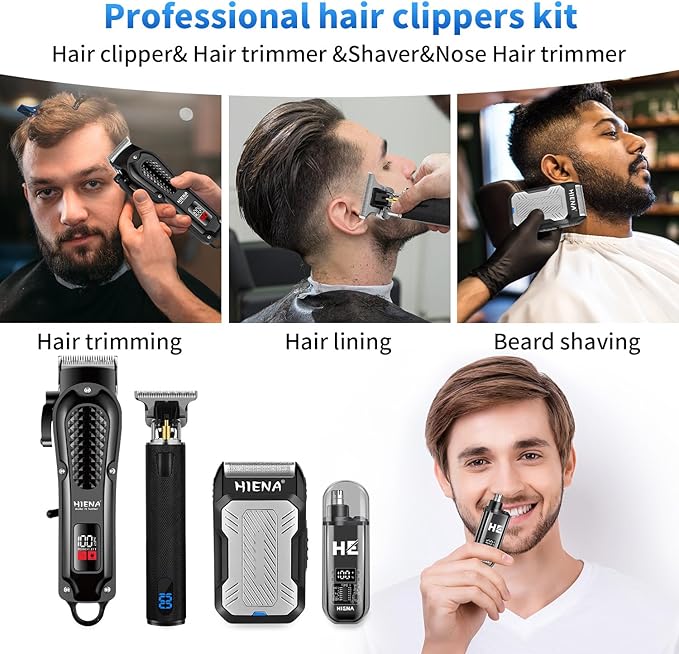 Professional Cordless Hair Clippers for Men, T-Blade Beard Trimmer & Foil Shaver & Nose Hair Trimmer Set, Barber Clipper Hair Cutting Grooming Kit
