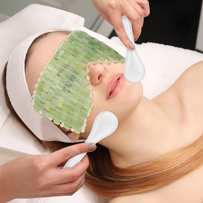4 Pcs Jade Eye Mask & Skin-Safe Glass Facial Massage Tool, Jade Cooling Mask & Gua Sha Therapy Roller for Skincare Relieve Puffiness, Anti-Aging, Stress Relief