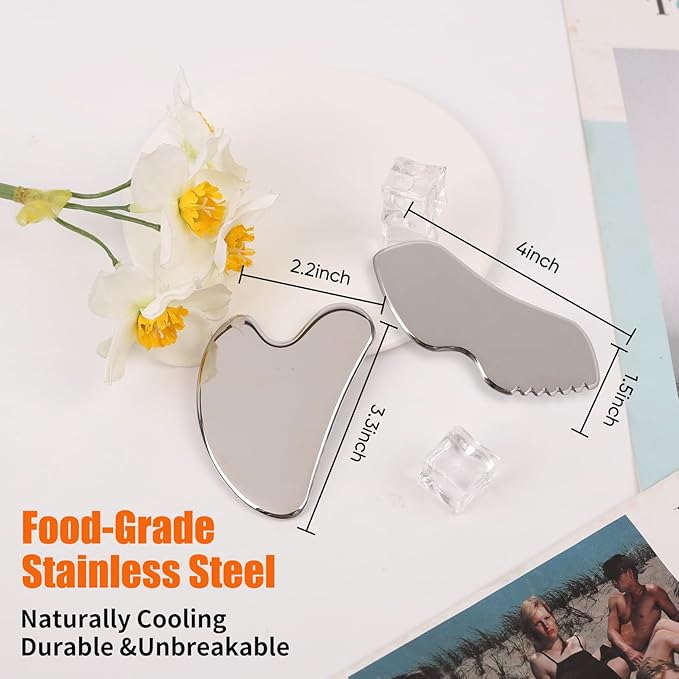 2Pcs Stainless Steel Gua Sha Facial Tools Set, Metal Face Comb Detail Skin Care Tools, Body and Face Gua Sha Sculpting for Tighten Skin Lymphatic Drainage