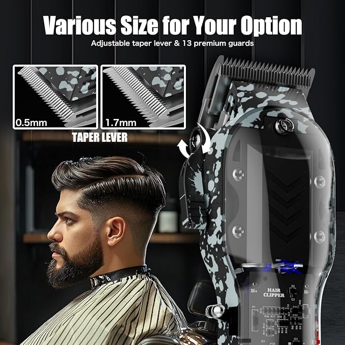 Professional Hair Clippers for Men, Cordless Barber kit for Hair Cutting & Grooming, Black Hair Clippers and Trimmer Set for Barber Haircut with LED Display, 8 Fade Taper Combs