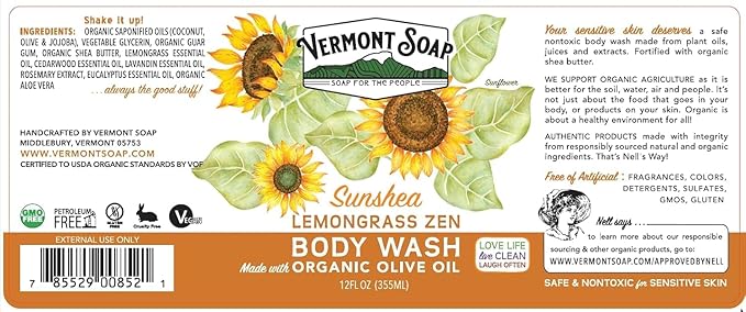 VERMONT SOAP Body Wash, Natural Body Wash with Shea Butter, Mild Gel Body Wash for Moisturizing and Soothing Skin, Fragrance Free Body Wash for Women & Men (Lemongrass Zen, 12oz)