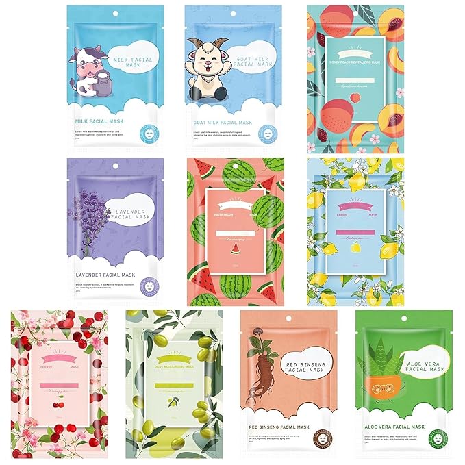 10 Sheets Face Masks Skincare for All Skin Types, Hydrating Face Masks Suitable for Sensitive Skin,Watermelon, Aloe Vera, milk, Goat, Peach, Bulk Facial Masks for Women