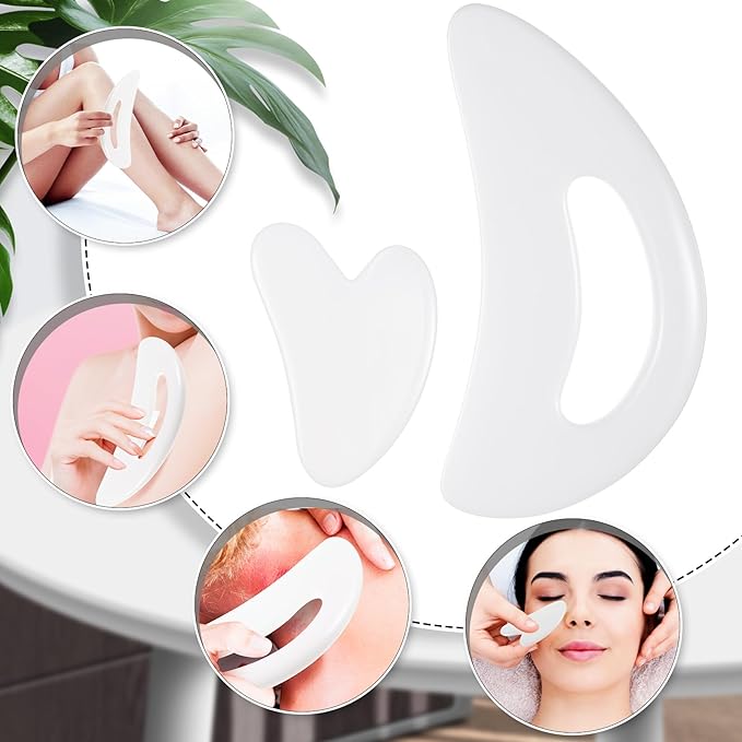 BBTO 2 Pcs Body Gua Sha Tool Large Resin Scraping Tools with Handle for Back, Neck, Face, Leg - Lymphatic Drainage, Cellulite Removal, Muscle Relief (White)