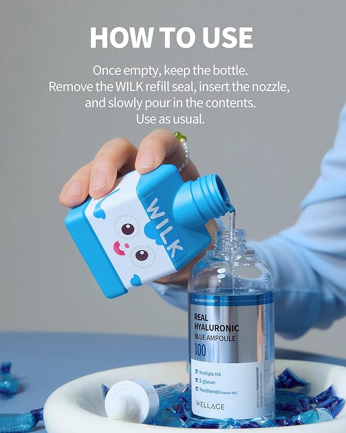 WELLAGE Real Hyaluronic Blue Ampoule 100, Korean Skincare, Fragrance Free Hyaluronic Acid Serum with Panthenol, Wild yam, Centella, Deep Hydration, Firming, Plumping, Non-Sticky 3.38 fl.oz.+2.54 fl.oz