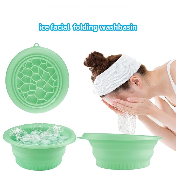 Foldable Face Ice Bath Bowl with headband Silicone Bowl with Built-in Icetray for Home Ice Water Facials Large Capacity Portable for Skin Tightening, Acne Relief & Anti-Inflammation(Green)