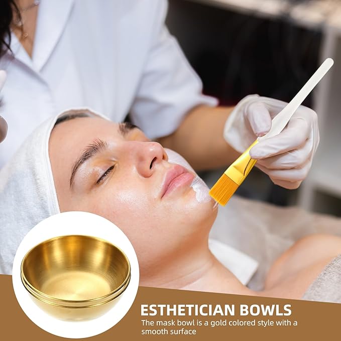 18 Pcs Esthetician Supplies for Facials Set, 6 Gold Stainless Steel Mixing Bowls, 6 Fan Mask Brushes & 6 Flat Applicator Brushes for Estheticians & Home Spa, Facial Mask Mixing Kit