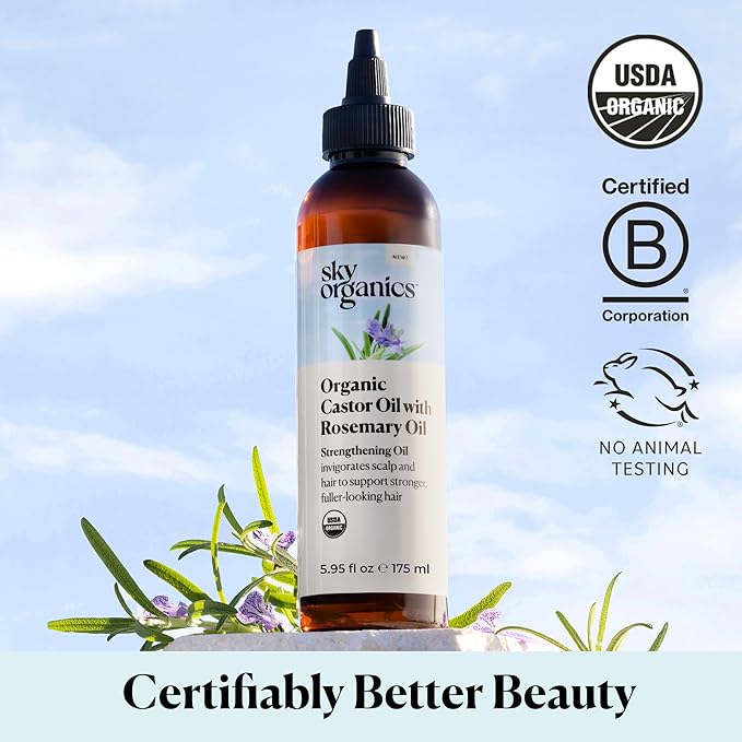 Sky Organics USDA Organic Castor Oil with Rosemary Oil, Strengthening Oil, Pure Potent Blend, Hexane Free, Invigorates Scalp, Supports Stronger, Fuller-Looking Hair, Textured Hair, w ebook