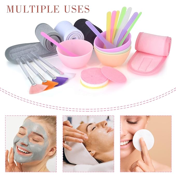 Esthetician Facial Supplies Set: 4 Silicone Bowls, 4 Headbands, 15 Compressed Sponges, 10 Spatulas, 4 Mask Fan Brushes
