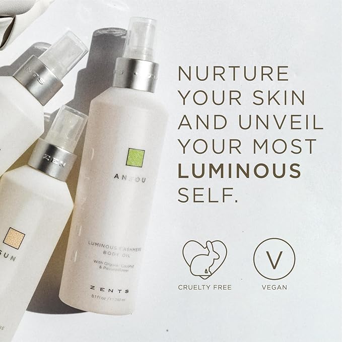 Zents Luminous Cashmere Body Oil (Sun Fragrance) | Moisturizing Body Oil with Vitamin E & Organic Coconut Oil | Softens & Smooths Skin | 8 fl oz