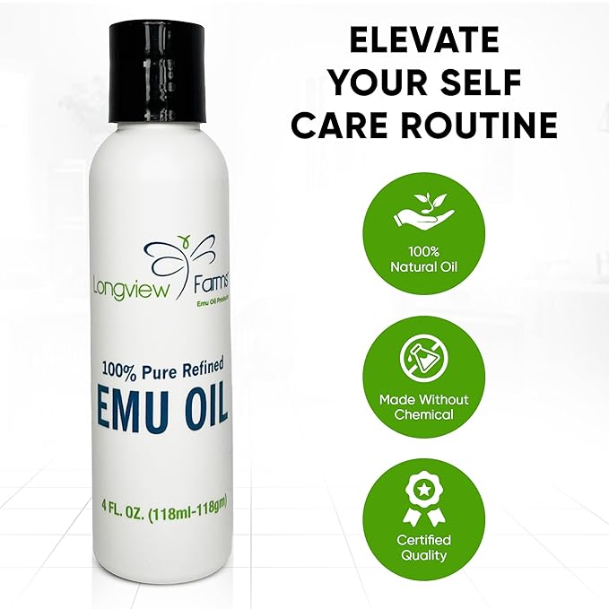 Longview Farms® Emu Oil - Hair and Body Oil - 100% Pure & Refined Emu Oil for Skin & Hair Care | Premium Quality Hydration & Nourishment | 1/2 Fl. Oz