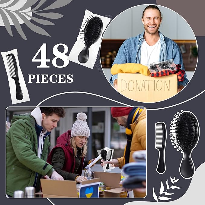 48 Pcs Mini Hair Brush and Combs Set Bulk for Homeless Individually Wrapped Curly Thick Long Smoothing Hair Brush for Women Men Kids Hotel Nursing Charity(Black)