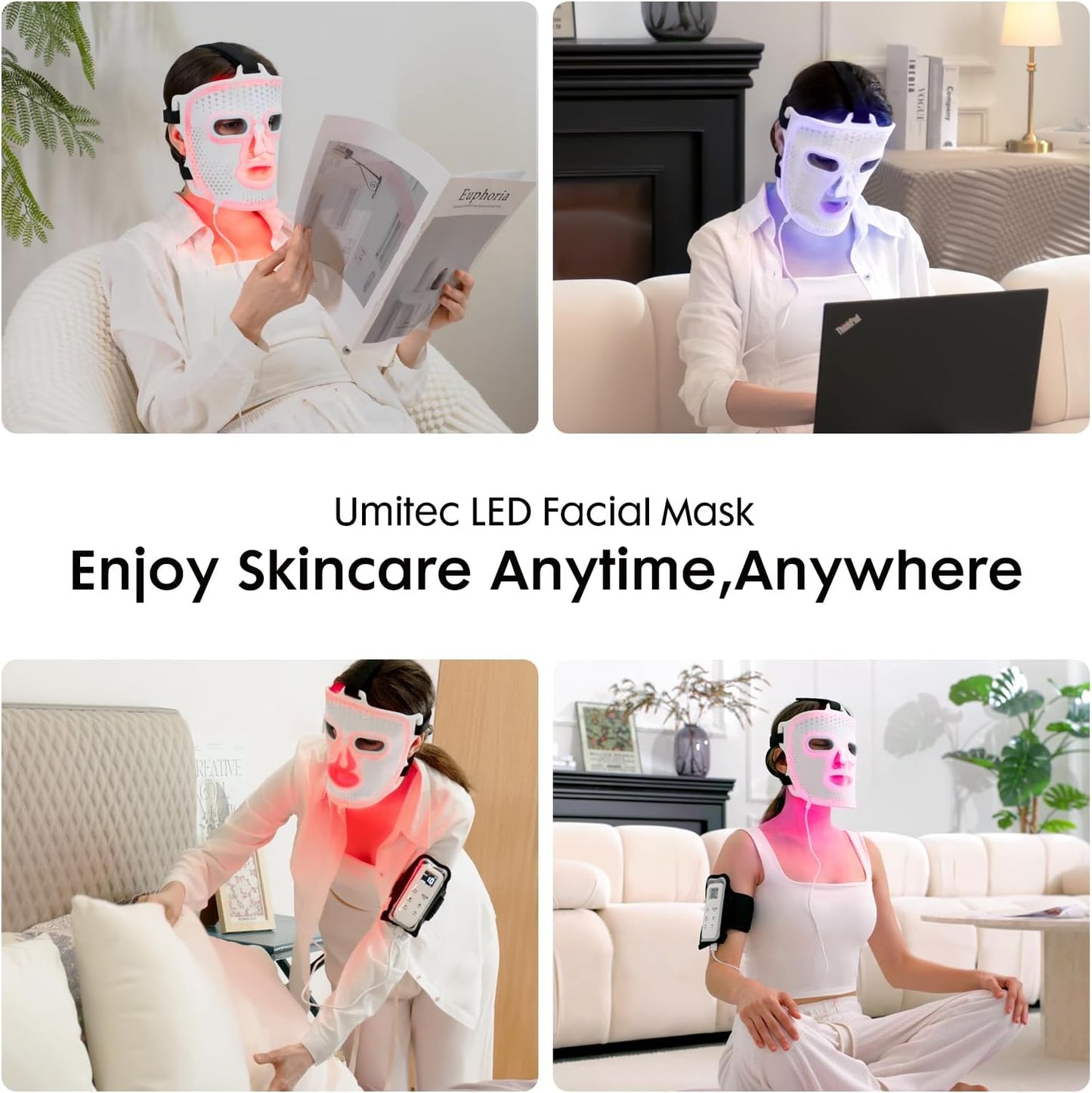 LED Face Mask Light Therapy, FDA-Cleared, 4 Modes Red Light Therapy for Face with Remote and Timer, 2000mAh Rechargeable, Blue, 850NM Infrared & Red Light Therapy Mask at Home, 288 LEDs, White