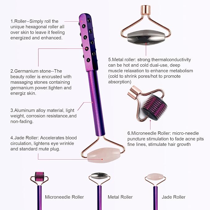 4-in-1 Germanium Stone Face Massager Beauty Roller for Up Lifting and Skin Care, Anti-Aging Beauty Tool with 3 Replaceable Heads - Jade Stone, Stainless Steel and 0.25mm Microneedle