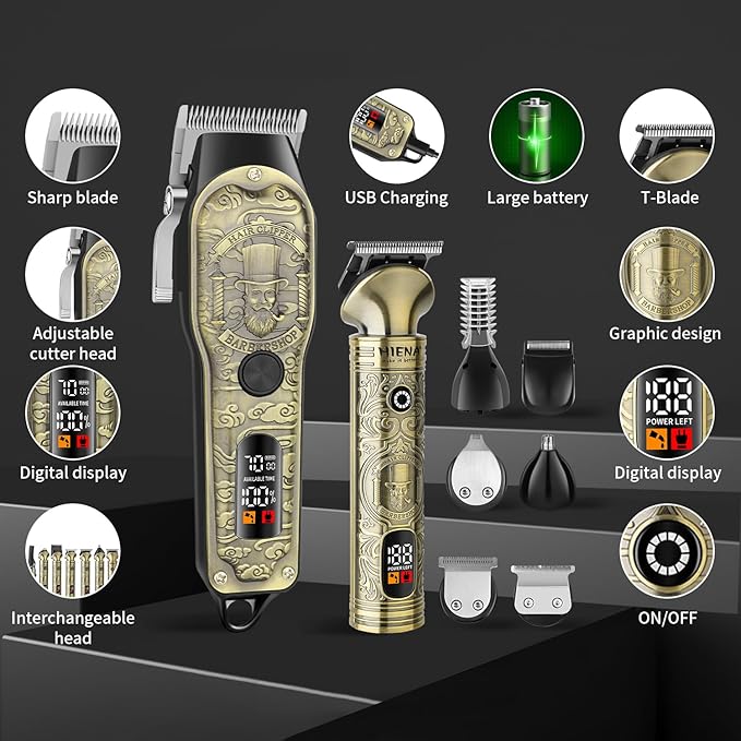 Hair Clippers for Men Professional, Cordless Barber Clipper T-Blade Beard Trimmer Nose & Body Hair Trimmer Foil Shaver Grooming Kit, Electric Full Men's Hair Cutting Kit with 17 Guide Combs