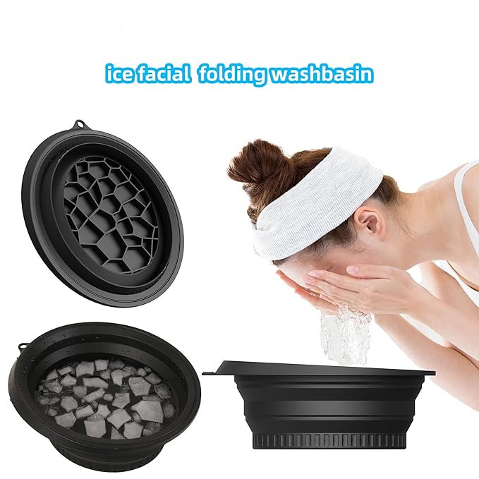 Foldable Face Ice Bath Bowl with headband Silicone Bowl with Built-in Icetray for Home Ice Water Facials Large Capacity Portable for Skin Tightening, Acne Relief & Anti-Inflammation