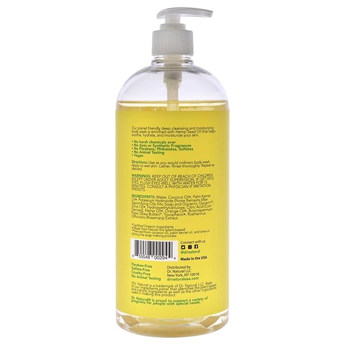Dr. Natural Hemp Body Wash - Natural for Sensitive Skin - Moisturizing - Anti-Aging and Acne Reduction - Citrus Oil - 32 oz