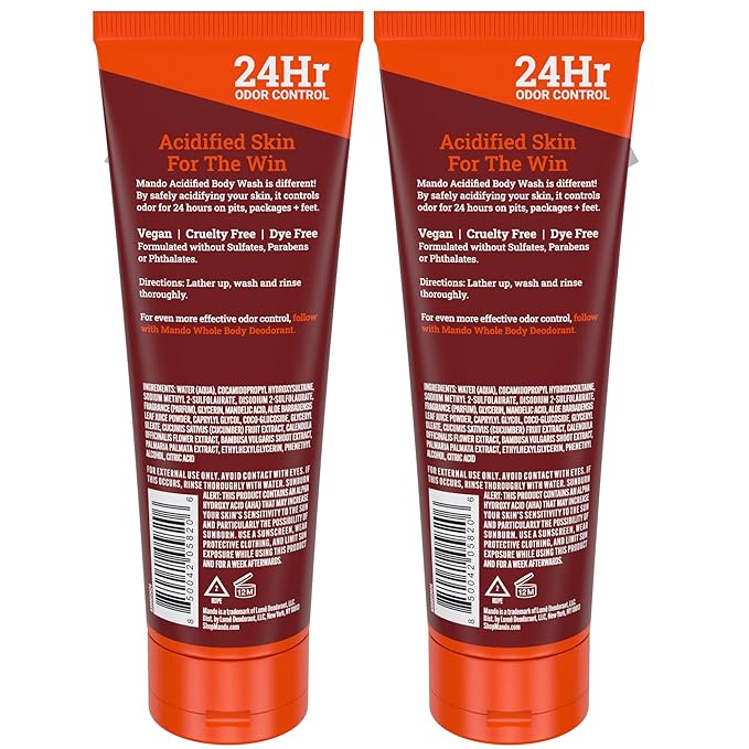 Mando Odor Shield Body Wash - 24 Hour Control - Removes Odor Better than Soap - SLS Free, Paraben Free, Skin Safe - 8.5 Ounce (Pack of 2) (Bourbon Leather)