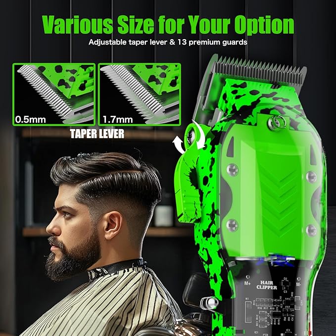 Professional Hair Clippers for Men, Cordless Barber kit for Hair Cutting & Grooming, Green Hair Clippers and Trimmer Set for Barber Haircut with LED Display, 8 Fade Taper Combs