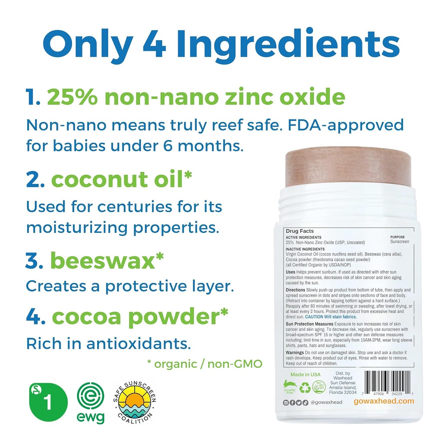 Waxhead Tinted Zinc Sunscreen Stick Face SPF 30 - Reef Safe Sunscreen, Tinted Zinc Oxide Stick Biodegradable, Waterproof, Skin Tone, Food-Grade, Non-Nano, Natural Non-Toxic Kids, Surfing (Tint, 3.7oz)