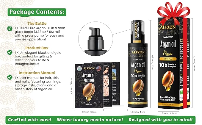 ๐๐๐๐ฉ๐๐ Moroccan Argan Oil 100% Pure USDA Organic, Cold Pressed, Hair Treatment & Growth For Dry, Damaged, Curly & Frizzy Hair, Skin, Face, Body & Beard, Anti Aging For Women & Men, Large 3.38 oz