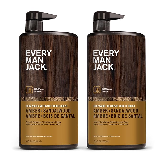 Every Man Jack Nourishing Amber + Sandalwood Mens Body Wash for All Skin Types - Cleanse, Nourish, and Hydrate Skin with Naturally Derived Coconut, Glycerin - 33.8 fl oz - 2 Bottles